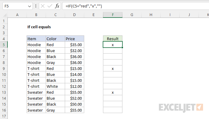 Excel formula: If cell equals