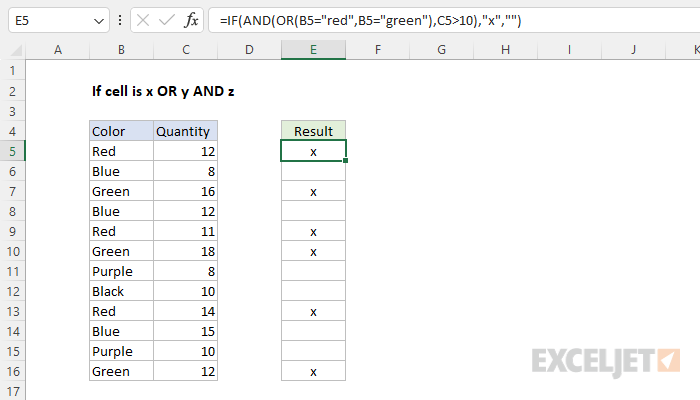 Excel formula: If cell is x or y and z