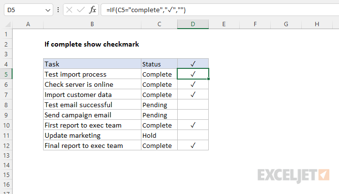 Excel formula: If complete show checkmark