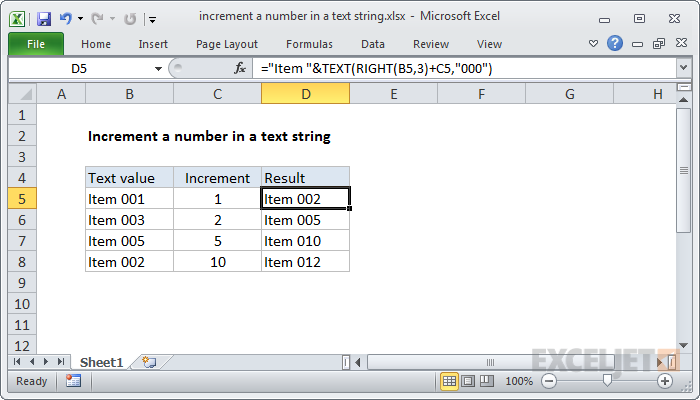 Excel formula: Increment a number in a text string