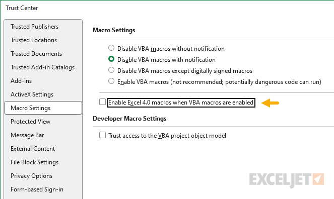 Enable Excel 4.0 macros in Trust Center