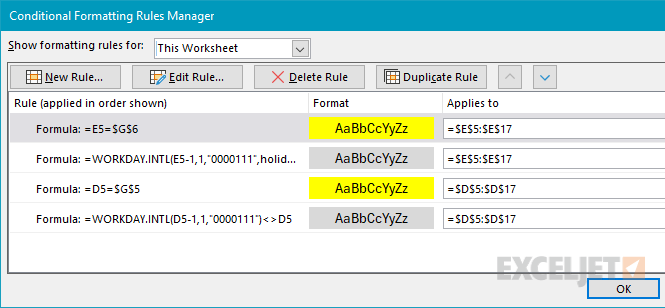 The four conditional formatting rules used in the workbook shown