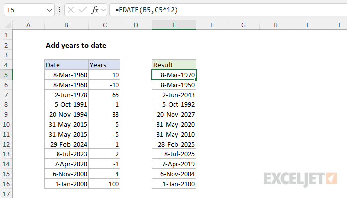 Adding years to a date with the EDATE function