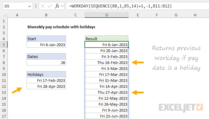Formula for biweekly pay schedule excluding holidays