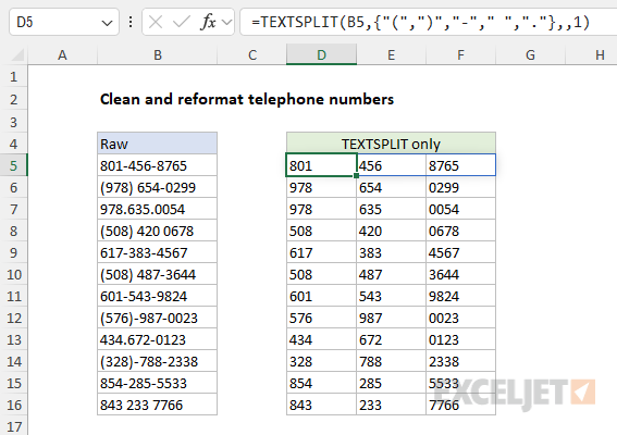 The result with TEXTSPLIT only and five delimiters