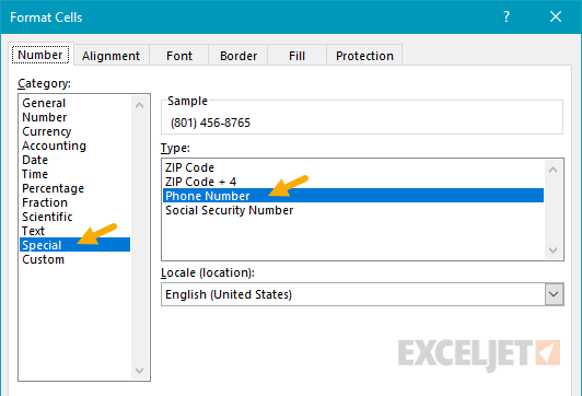 Applying the Phone Number format in Format Cells