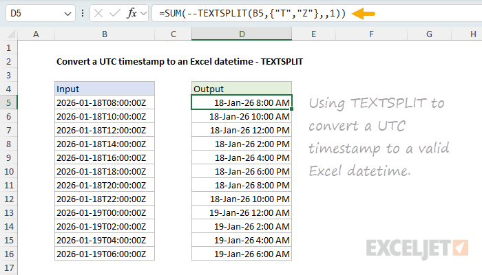 Converting a UTC timestamp with the TEXSPLIT function