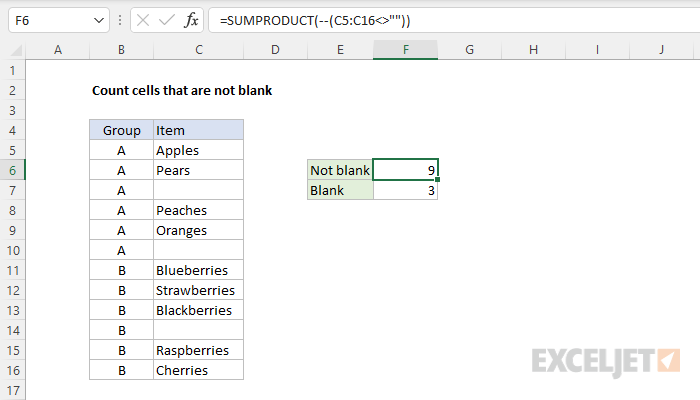 Using SUMPRODUCT to count cells that are not blank