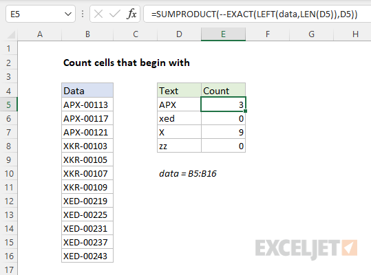 Count cells that begin with SUMPRODUCT and EXACT