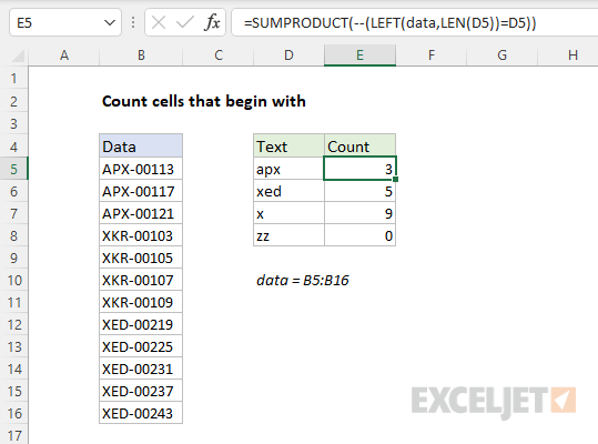 Count cells that begin with SUMPRODUCT and LEFT