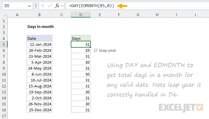 Using DAY and EOMONTH to calculate total days in any month