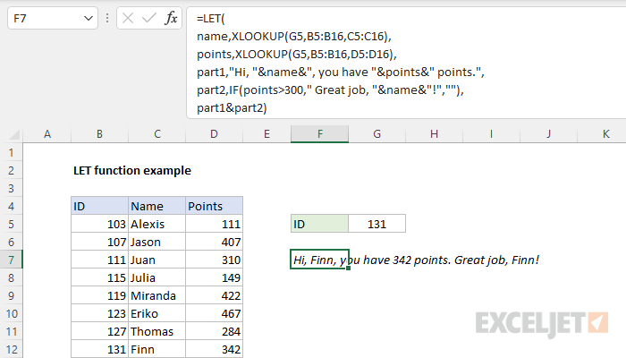 Example of LET function with XLOOKUP