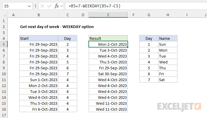WEEKDAY option for getting the next specified day of week