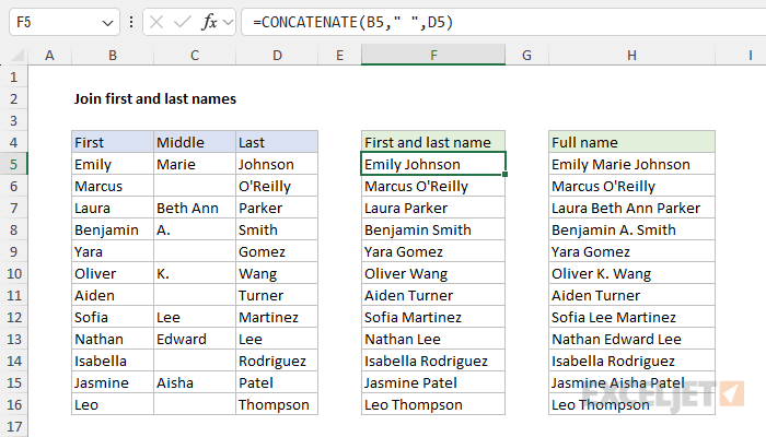 Join first and last names with CONCATENATE function