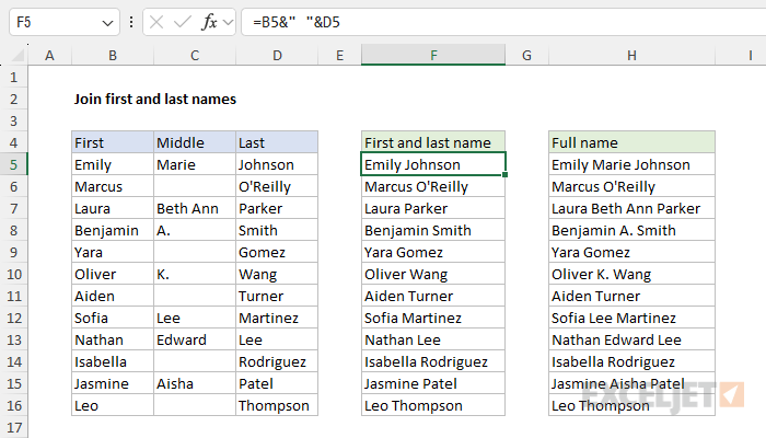 Join first and last names with manual concatenation