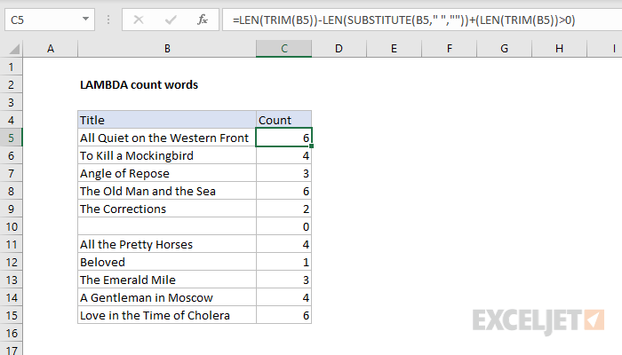 Standard Excel formula for counting words