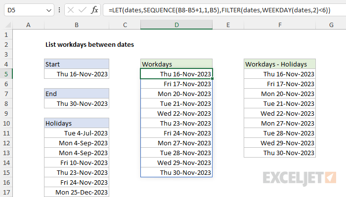 List workdays between dates with method 2