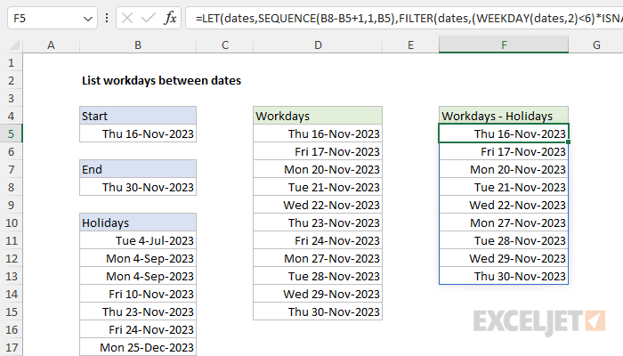 List workdays between dates with method 2 with holidays