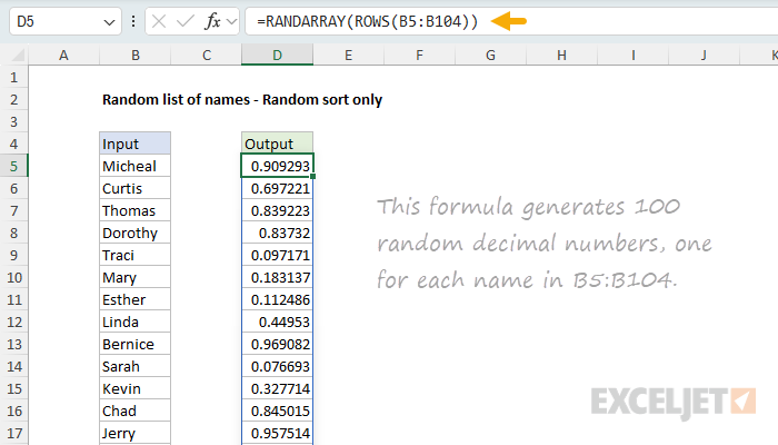 Example of the random numbers created by RANDARRAY