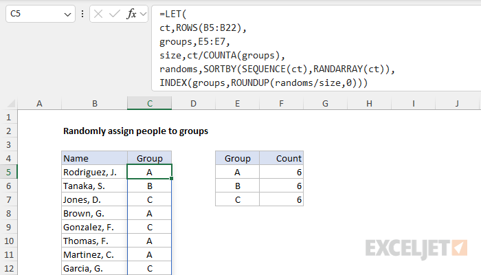 An all-in-one dynamic array formula to assign people to equal-sized groups