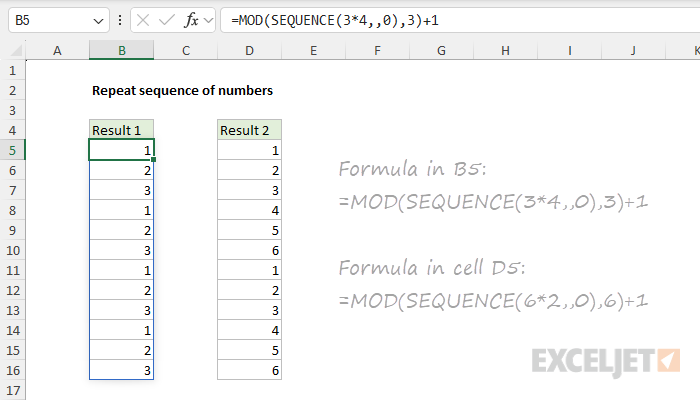 Repeating a sequence of numbers with MOD and SEQUENCE