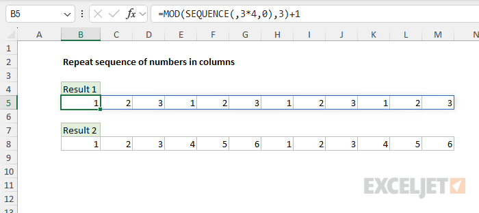 Repeating a sequence of numbers in columns with MOD and SEQUENCE
