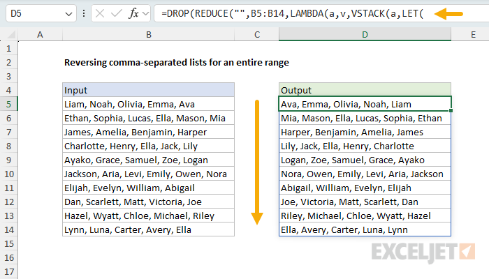 Reversing values in a comma separated list for an entire range