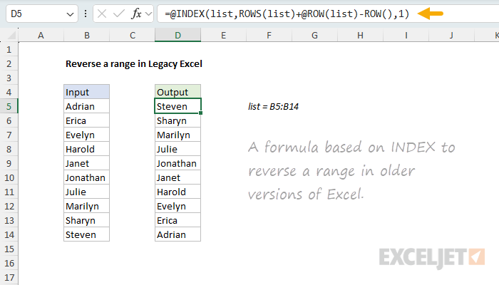 Reversing values in a range in Excel 2019 and earlier