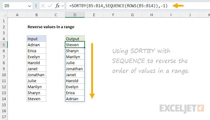 Using SORTBY with SEQUENCE to reverse the order of values in a range.
