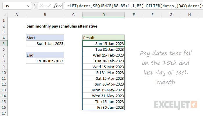 Formula for semimonthly pay dates on the 15th and last day of month