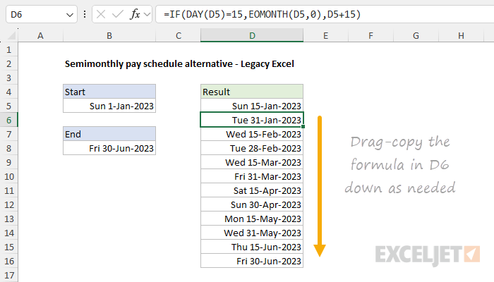 Alternative formula for semimonthly pay dates in older versions of Excel