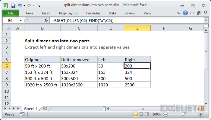 Using the RIGHT function to grab the dimension on the right