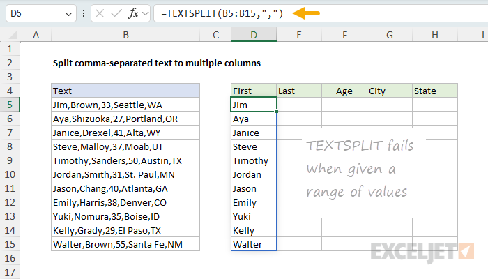 TEXTSPLIT fails when given a range