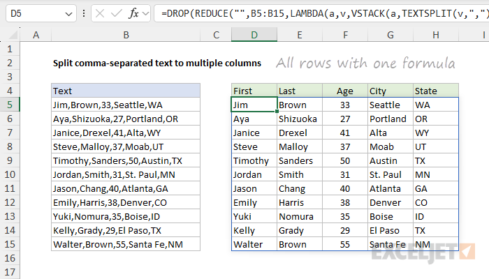 Splitting all rows with a formula using TEXTSPLIT and REDUCE