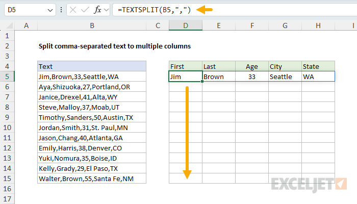 Split a single row of comma-separated values with TEXTSPLIT