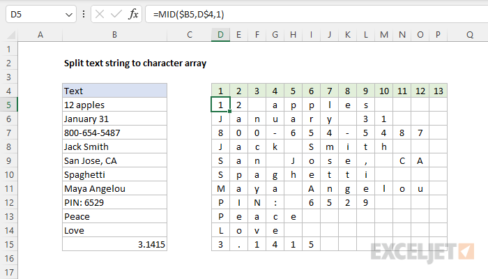 Split Text String To Character Array Excel Formula Exceljet 1719