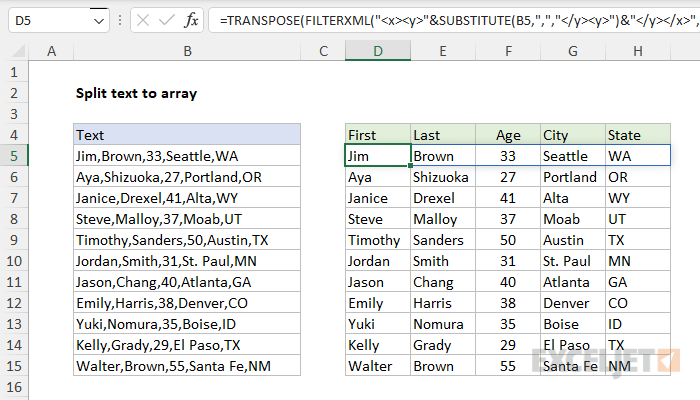 Splitting comma-separated text with FILTERXML function