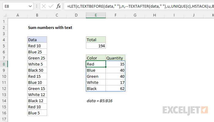 sum numbers with text all in one lambda formula