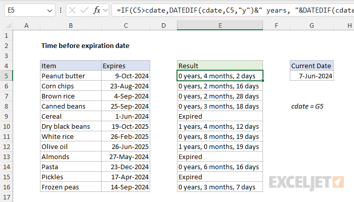 Calculating the time before expiration date in years, months, and days