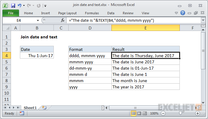 Excel formula: Join date and text