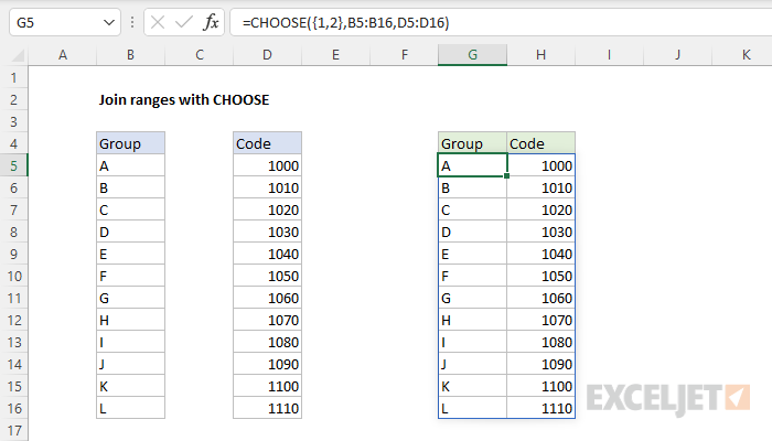 Excel formula: Combine ranges with CHOOSE
