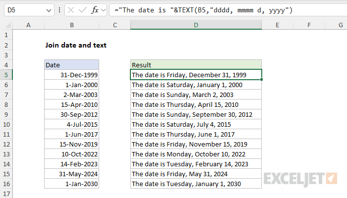 Excel formula: Join date and text