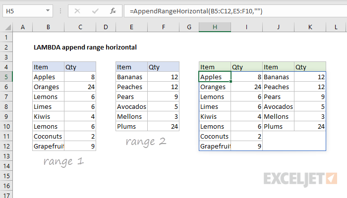 Excel formula: LAMBDA append range horizontal