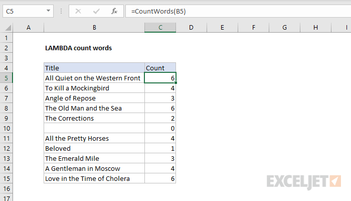 Excel formula: LAMBDA count words