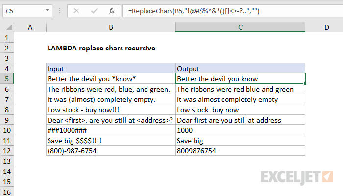 Excel formula: LAMBDA replace characters recursive