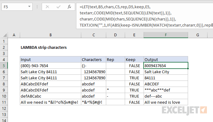 Excel formula: LAMBDA strip characters