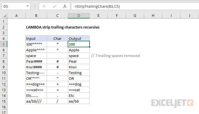 Excel formula: LAMBDA strip trailing characters recursive