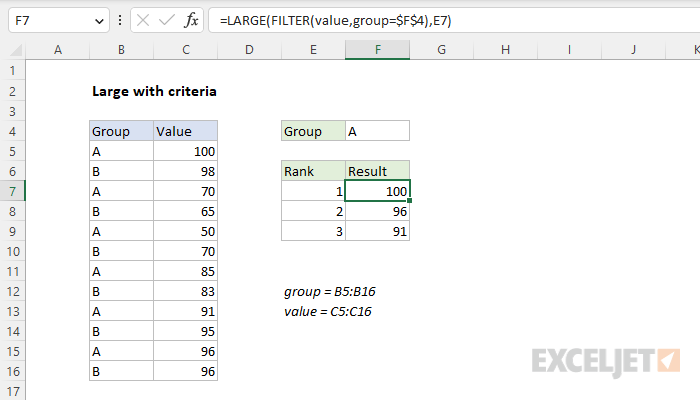 Excel formula: Large with criteria