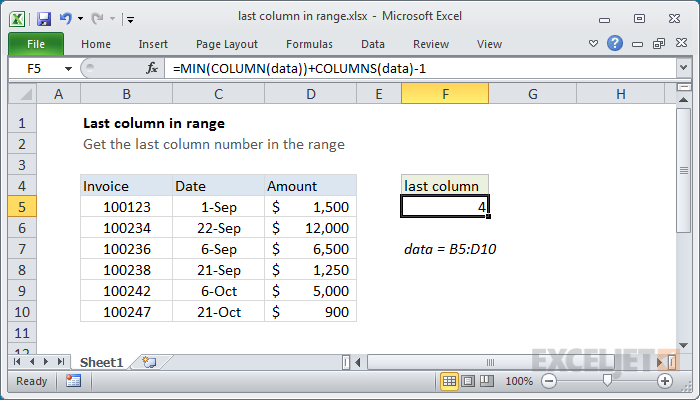 Excel formula: Last column number in range