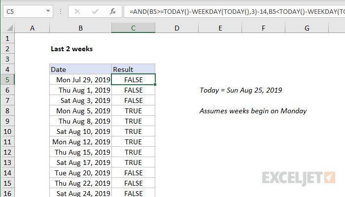 Excel formula: Last n weeks